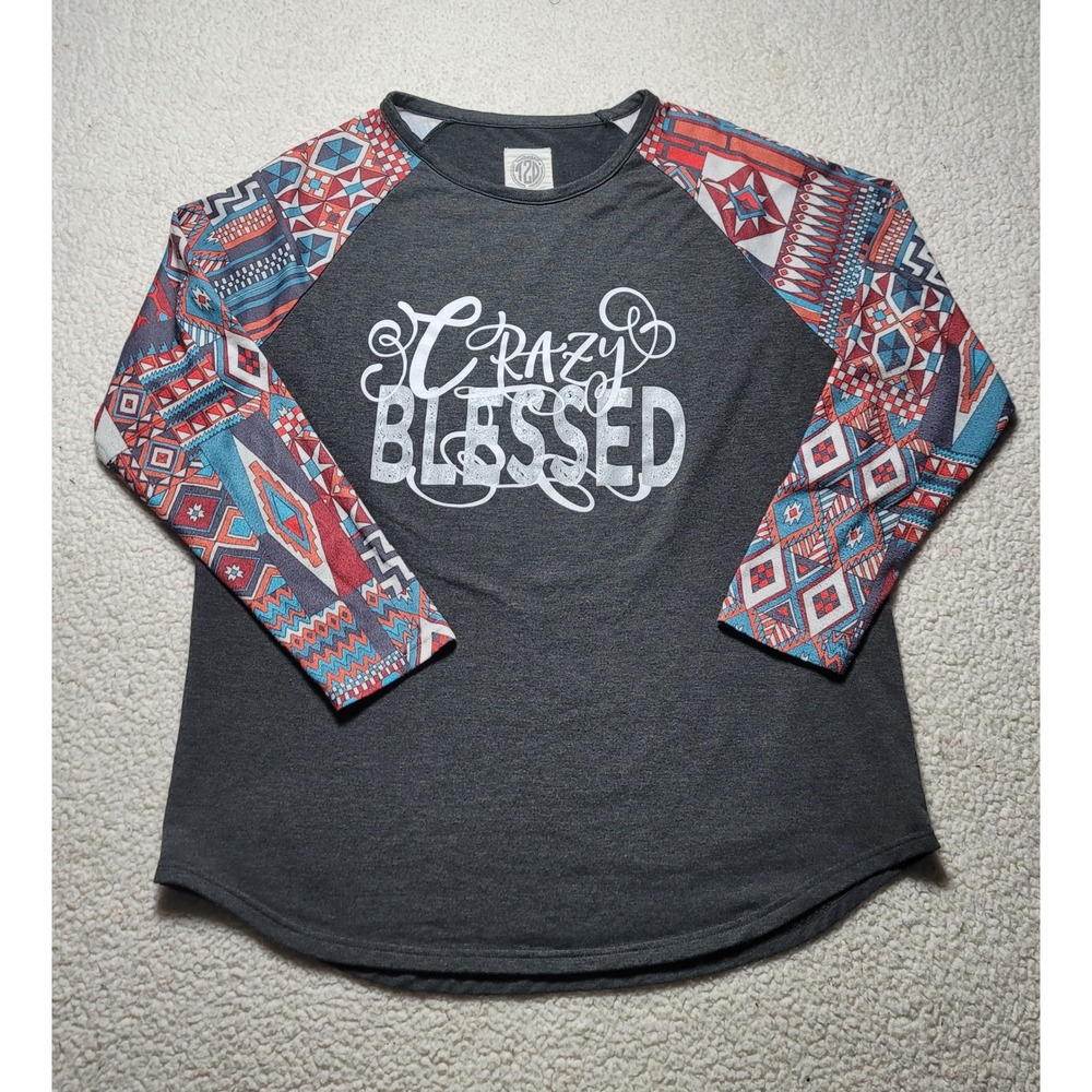 Tees2urdoor Crazy Blessed Raglan Top Womens Large Grey Southwestern Print Sleeve